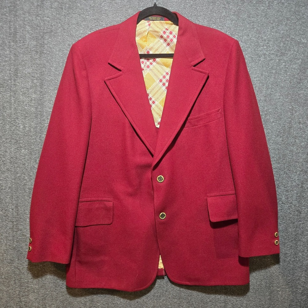 70s VINTAGE Richman Brothers Men's Blazer Size 46L Crimson Red Plaid Lining